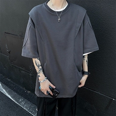 美式拼接解构短袖T恤男女夏季重磅潮牌刺绣半袖高街百搭运动体恤，男装T恤，星座813-2