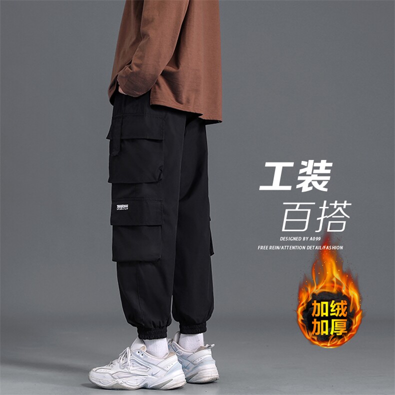 港风秋冬加厚百搭工装裤刺绣多口袋机能束脚休闲裤男加绒K53-P35图片