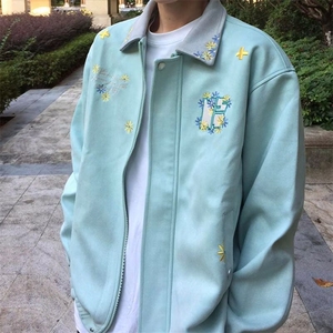浅绿色小花刺绣外套男女2025新款美式复古百搭立领夹克上衣图片