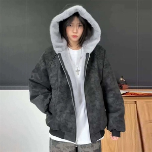 现货高品质美式高街冬季重磅座山雕大毛毛领pu皮棉衣男女加厚外套图片