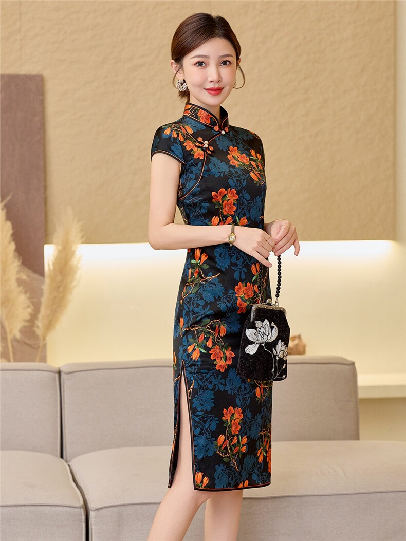 杭州品质真丝中长裙复古印花连衣裙女春夏日常修身潮流真丝旗袍,女装汉服/婚纱/旗袍/礼服,小荷流