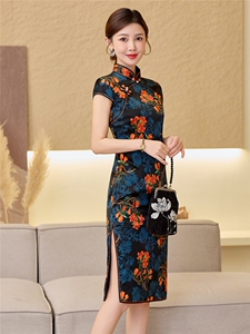 杭州品质真丝中长裙复古印花连衣裙女春夏日常修身潮流真丝旗袍图片