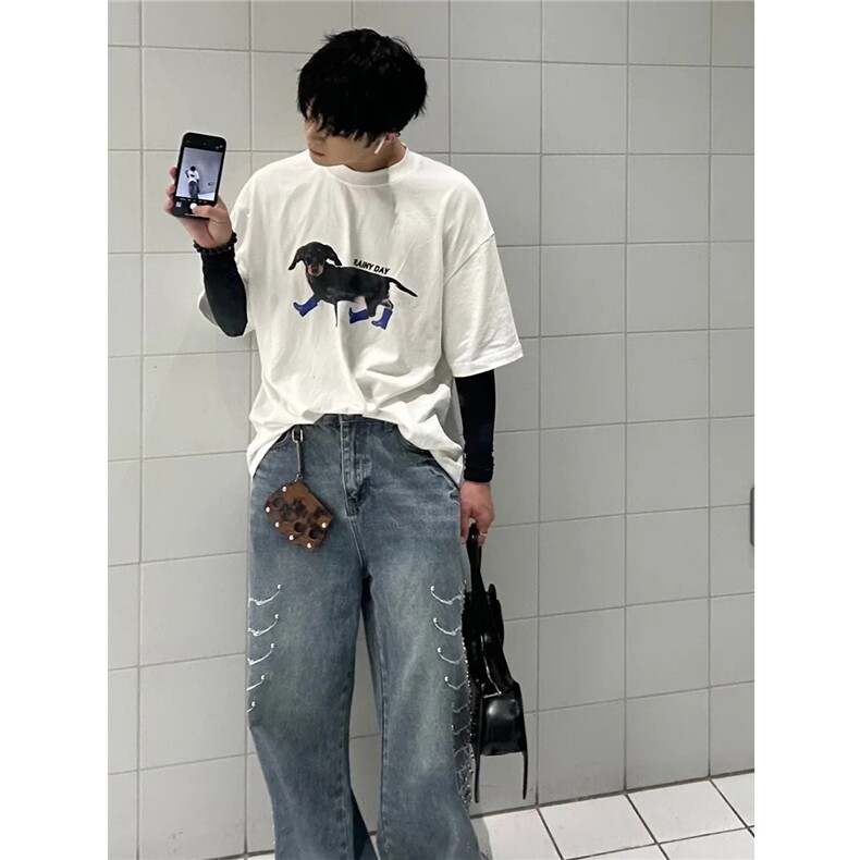 小众复古水洗脊骨铆钉设计感牛仔裤男款美式街头宽松休闲直筒长裤,男装牛仔裤,四季星座505