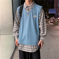 假两件卫衣男港风宽松情侣长袖外套潮复古格子套头上衣wy728-p40图片