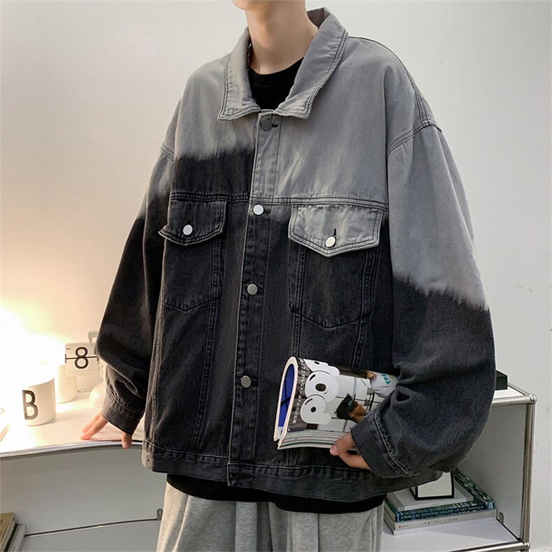 2024渐变色牛仔外套男新款秋冬宽松韩版美式复古港风夹克上衣图片