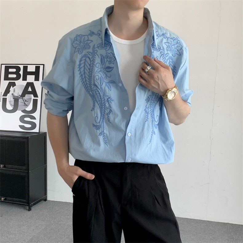 春装蓝色刺绣潮牌演出衬衫痞帅男女长袖衬衫外套表演衬衣宽松外套，男装衬衫，星座909