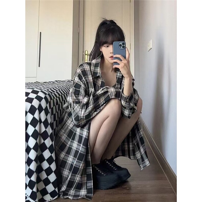 格子防晒衬衫女秋季bf慵懒风衬衣外套设计感小众长袖上衣,男装衬衫,星座1210-1