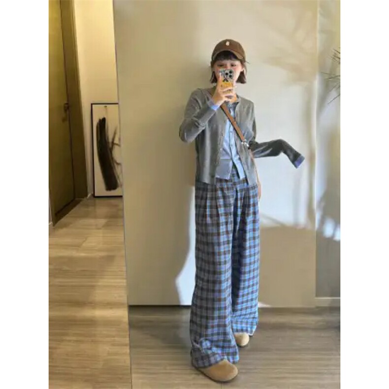 AK2430-P50网红垂感格纹女春秋韩版高腰显瘦百搭休闲拖地裤，女装休闲裤，星座617A-2