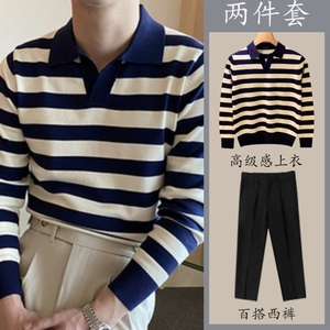 长袖T恤男春秋季翻领色织条微弹百搭新款时尚休闲套装图片