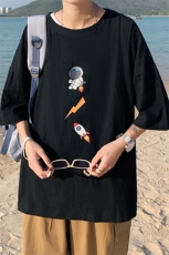 YT26165-P30亚麻短袖t恤男大码五分袖男宽松七分袖港风模特，男装T恤，电商A040