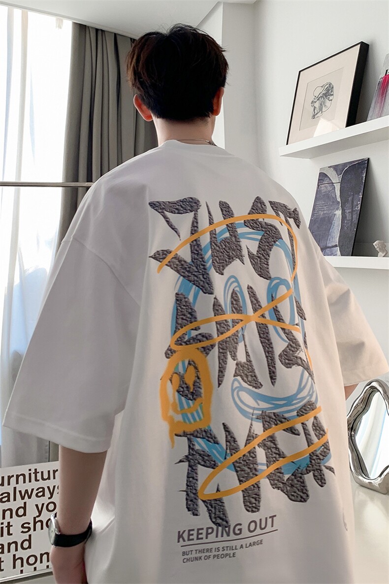 胖胖哥青少年白色短袖t恤男夏季2025新款大码宽松潮流设计感7分袖,男装T恤,星座514-2(原B239)