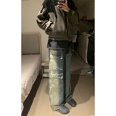 B221美式ins高街重工艺宽松做旧工装牛仔裤子LK23143-P80控108，男装牛仔裤，电商B221