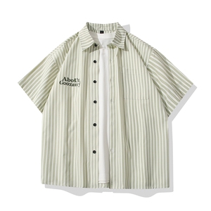 B413-1-DX018港风休闲复古短袖衬衫男宽松百搭潮流日系印花衬衣服图片