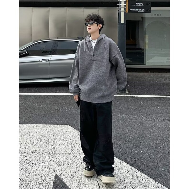 高街纯色连帽针织衫男款冬季美式时尚连帽卫衣高级痞帅毛衣H2304,男装针织衫/毛衣,星座506