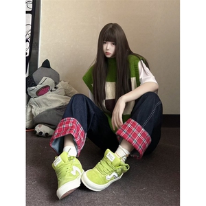 【有货】美式格子拼接卷边牛仔裤男女阔腿裤子高街NZ011HH-特P48图片