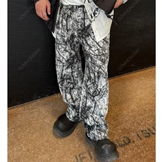 美式小众彩印泼墨油画调色阔腿牛仔裤休闲裤男涂鸦宽松弯刀直筒裤，男装牛仔裤，星座506A