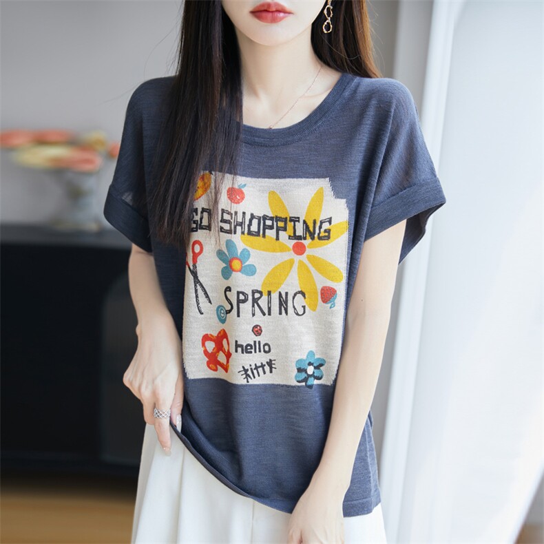 竹节麻针织短袖T恤女2025新款夏季时尚宽松小熊体恤薄款打底上衣,针织衫/毛衣,大美人高端店