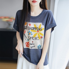 竹节麻针织短袖T恤女2025新款夏季时尚宽松小熊体恤薄款打底上衣，女装针织衫/毛衣，大美人高端店