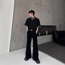 流行气质原宿慵懒新款日系潮流简约时尚小众假两件拼接条纹领T恤，男装T恤，星座506A