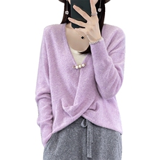秋冬新款100%纯羊毛衫女交叉V领气质毛衣宽松针织羊绒衫上衣打底，女装羊毛衫，冀清阳荣