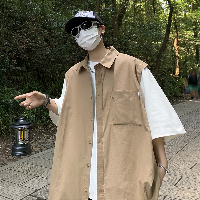 S85-P38日系复古假两件拼接短袖衬衫,男装衬衫,星座1501-1