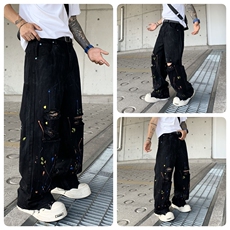 阔腿直筒裤子白色泼墨破洞牛仔裤潮男涂鸦休闲裤网图NZK80722p45，男装牛仔裤，星座302B-2