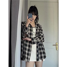 格子防晒衬衫女秋季bf慵懒风衬衣外套设计感小众长袖上衣，男装衬衫，星座1210-1
