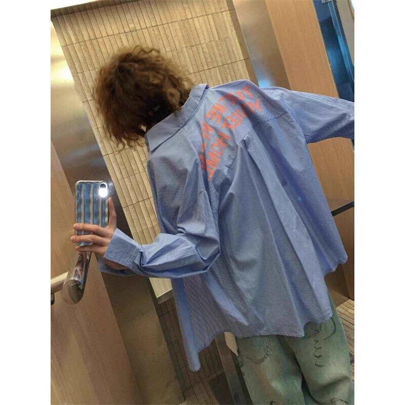 网图CS31-特P38控6825春装男女字母印花衬衫宽松版条纹开衫衬衫,男装衬衫,电商B327