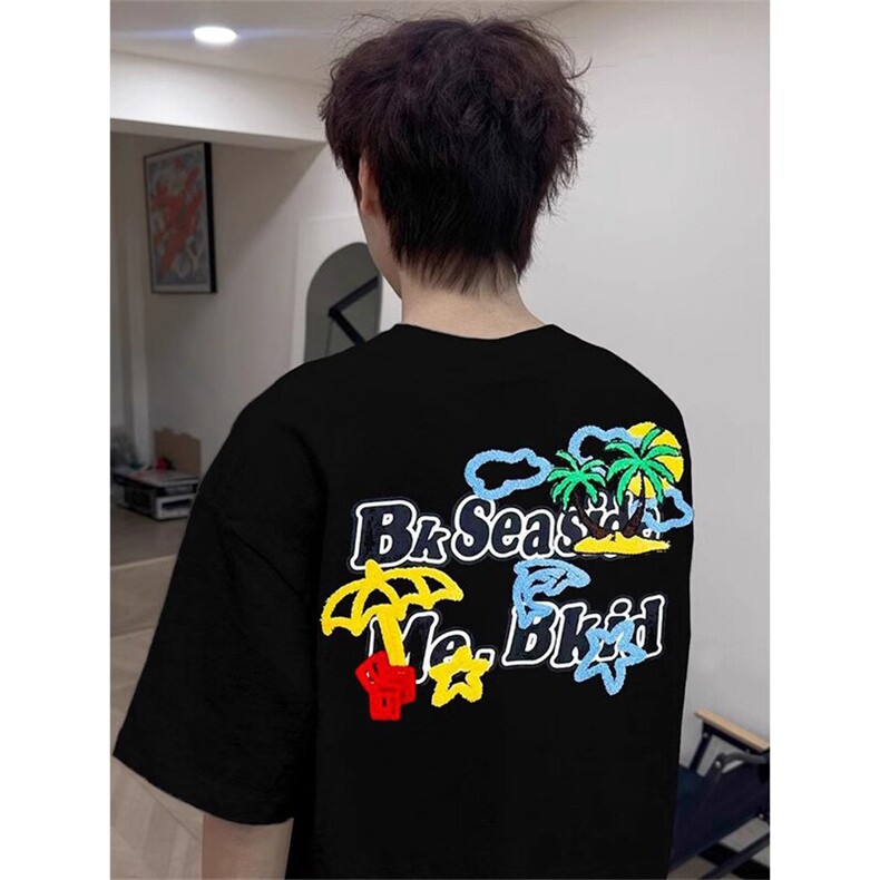 万针全刺绣工艺抖音得物高品质260克重磅纯棉双纱美式高街短袖T恤,男装T恤,电商A486