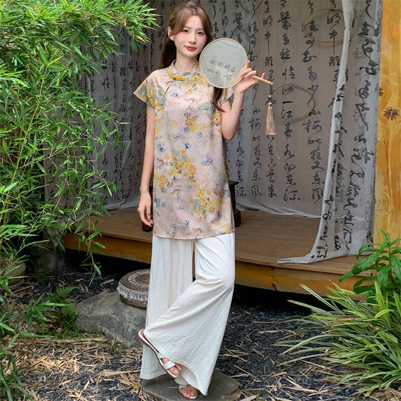 新中式g风套装女2026夏季流行复古印花盘扣旗袍上衣阔腿裤两件套,女装套装/套裙,超帛