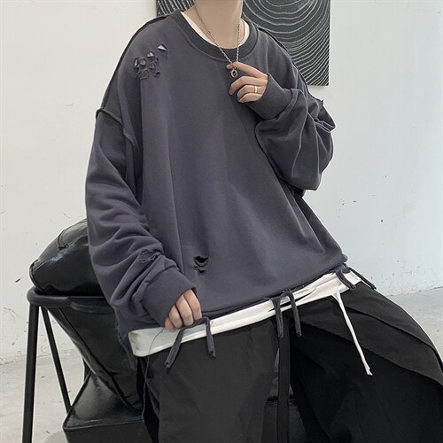 WY33 (破洞）OVERSIZE圆领假两件卫衣 大皂短句 P75 控价95图片