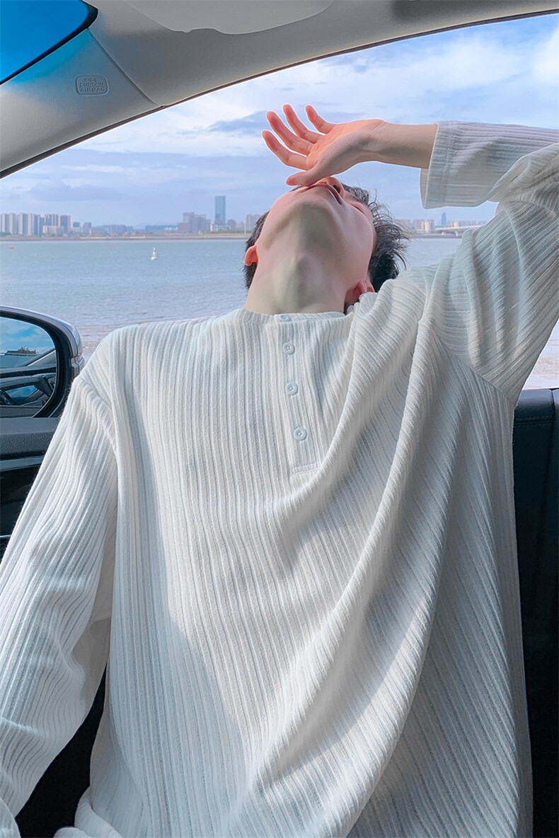 潮流条纹老钱风长袖T恤男士秋季潮牌纹理感打底衫青少年软糯衣服,男装T恤,电商A001-1