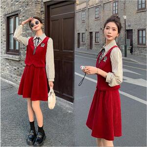 《现货新品》3色可选拼接条纹假两件衬衫甜美可爱学院风连衣裙图片