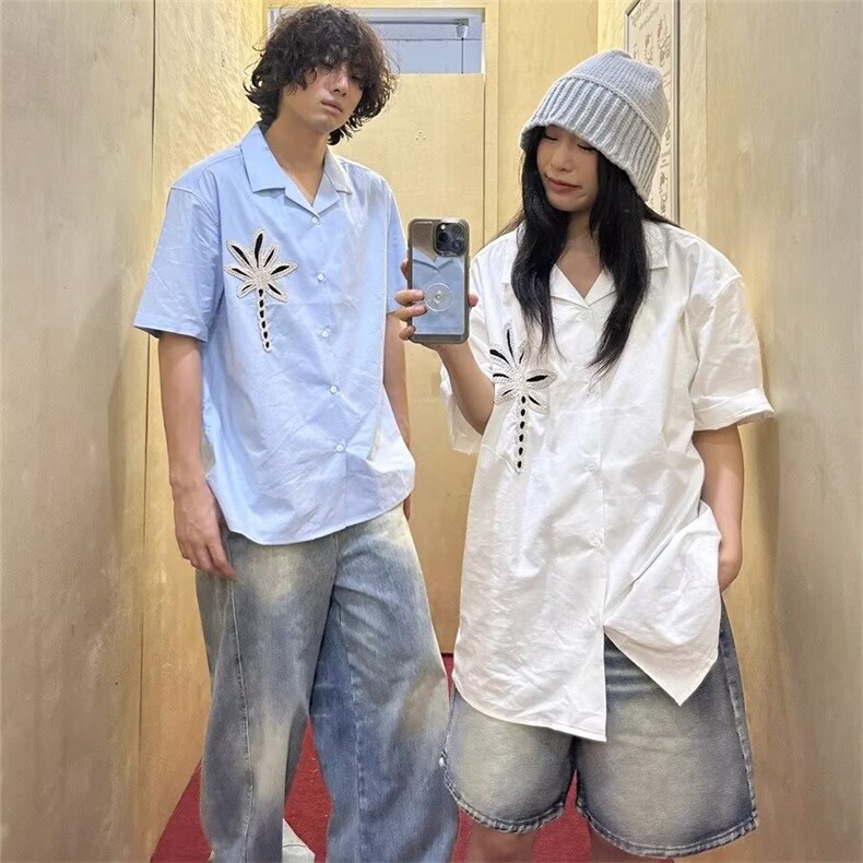 WE1578-P452025夏季新款宽松休闲百搭小众设计感古巴领刺绣衬衫,男装衬衫,电商B323A