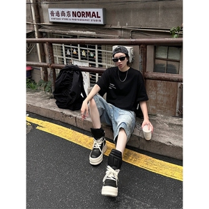 现货~美式高街工装牛仔短裤男复古宽松直筒中裤七分裤A3125-特P45图片