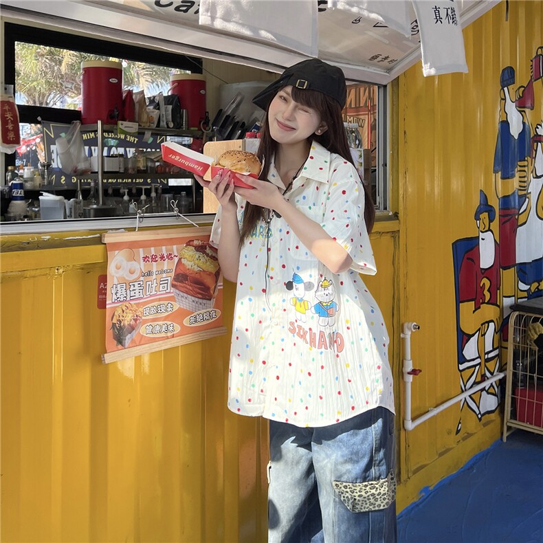 2025夏季潮牌卡通印花短袖衬衫男女宽松情侣休闲百搭半袖衬衣,男装衬衫,星座1210-1