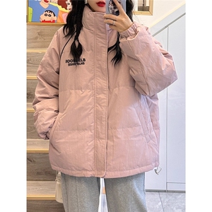 奶fufu冬季字母印花立领面包服棉衣外套女宽松加厚学院风情侣棉服图片