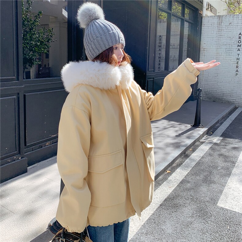 现货韩系鹅黄色大毛领派克服2C282-202P225K348,女装派克服,2C282