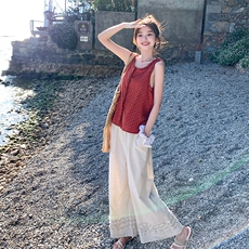 浪漫氛围感减龄复古波点上衣套装女2025夏新款木耳边阔腿裤两件套，女装套装/套裙，浙宝220