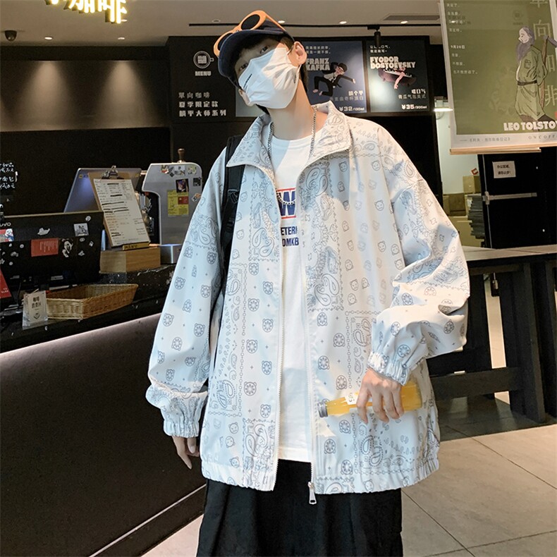 Y75春装新款文艺港风男士腰果花夹克开衫男装外衣开衫潮男装黑白图片