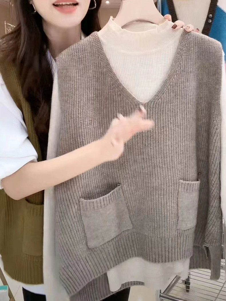 大码V领针织马甲女2024秋季新款复古风口袋无袖坎肩背心套头上衣,女装马甲,洁纯羊绒