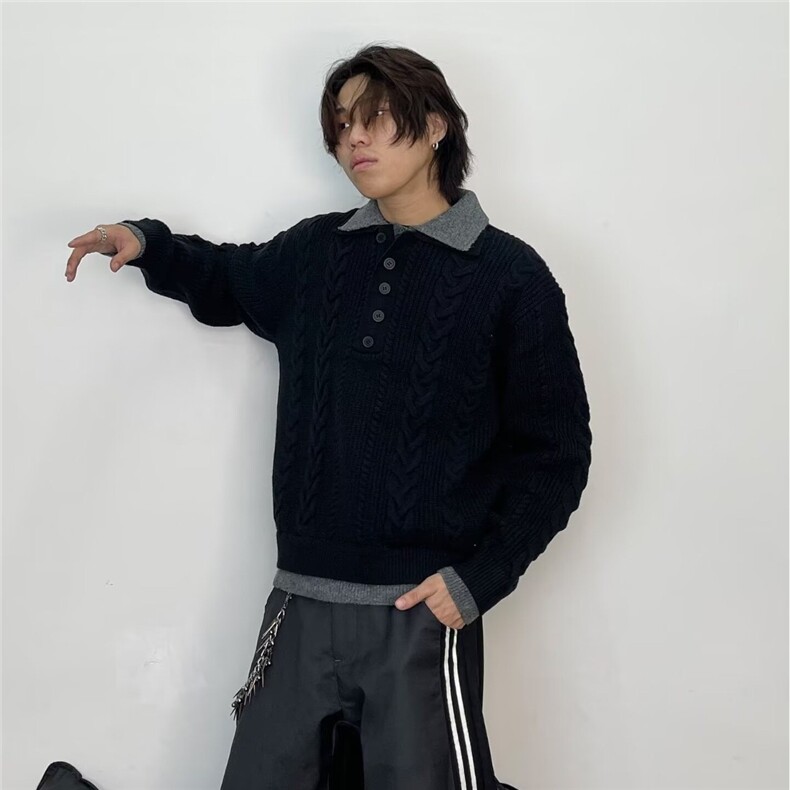 美式潮牌假两件衬衫领毛衣男女重磅宽松休闲百搭情侣针织上衣,男装针织衫/毛衣,星座410-6（原星座1304-1）