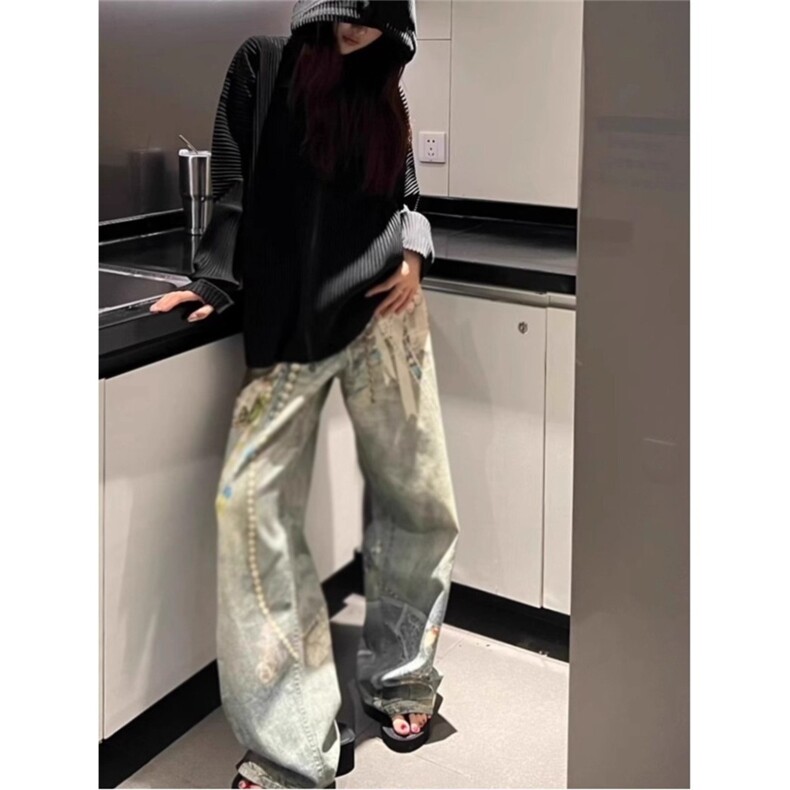美式高街水洗重工设计感印花蕾丝珍珠炼条直筒牛仔裤,男装牛仔裤,星座1210-1