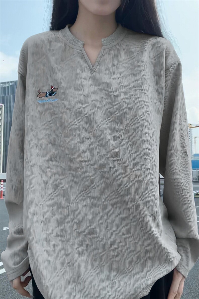 新款美式复古V领腊肠狗刺绣肌理感大码长袖T恤男T51122-特P28控48,男装T恤,电商A001