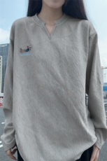 新款美式复古V领腊肠狗刺绣肌理感大码长袖T恤男T51122-特P28控48，男装T恤，电商A001