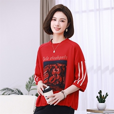 时尚宽松显瘦红色印花短袖T恤女夏季新款韩版百搭休闲上衣潮，女装衬衫，叶笙衣