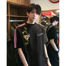 抖音得物品质二开240克宽松纯棉美式潮牌印花三条杠中性风短袖T恤，男装T恤，电商A486