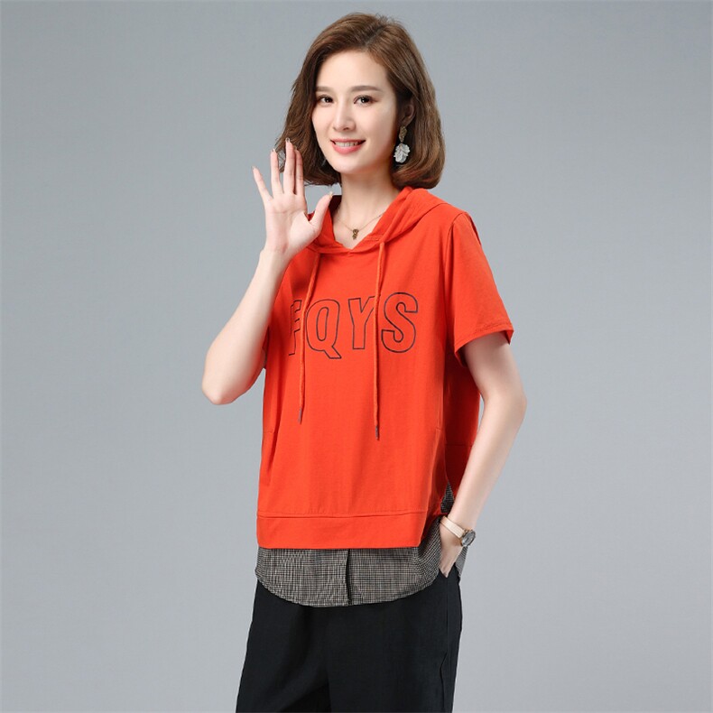 时尚格纹拼接印花字母短袖连帽卫衣女宽松显瘦休闲上衣,女装T恤,涵誉