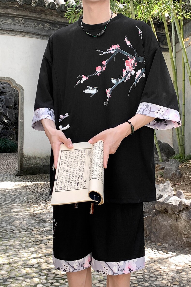 新中式风两件套夏季新中式禅意短袖t恤男套装A436-D220-P52,男装休闲套装,电商A436