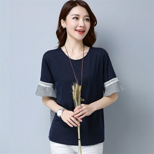 新款韩国版型木耳边短袖蕾丝纯棉撞色条纹T恤930款，女装T恤，秋牧寒烟